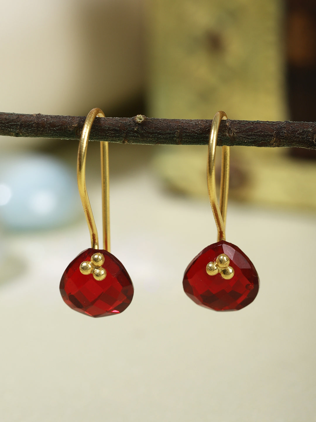 Gold Earrings Swarovski Red Galet Earrings Gold Plated Garnet Drop