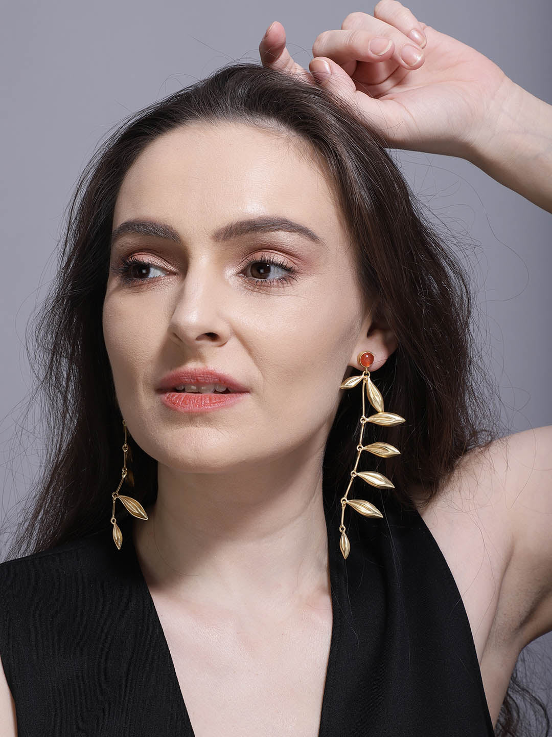 Gold Plated Carnelian Leaf Danglers, Earrings - Shopberserk
