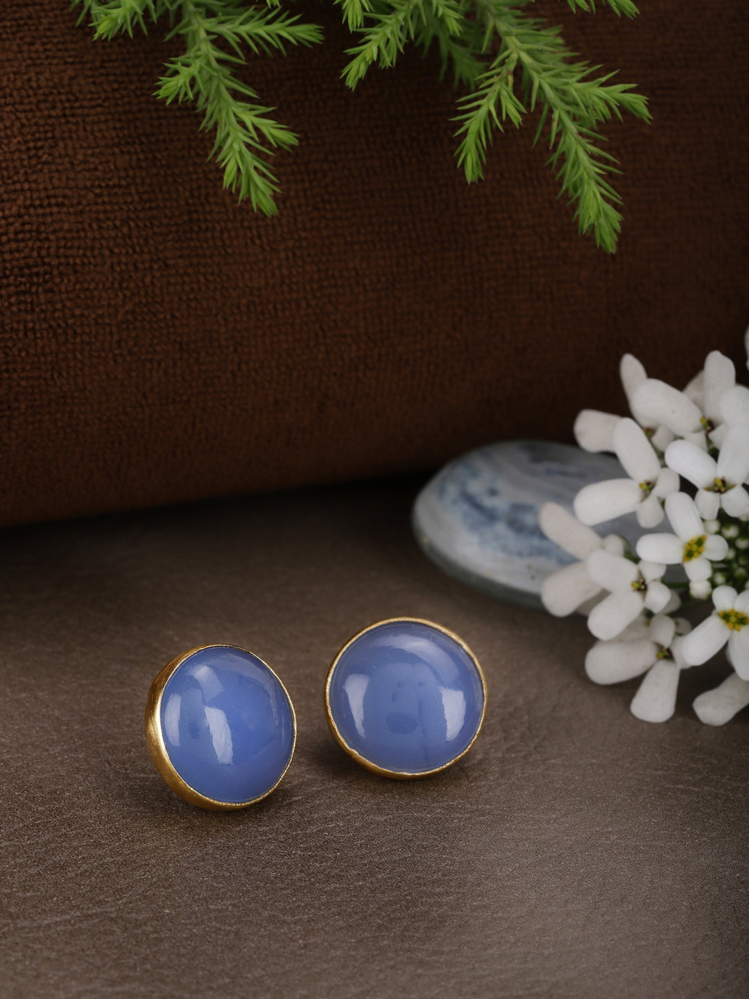 Gold Plated Blue Chalcedony Disc Studs