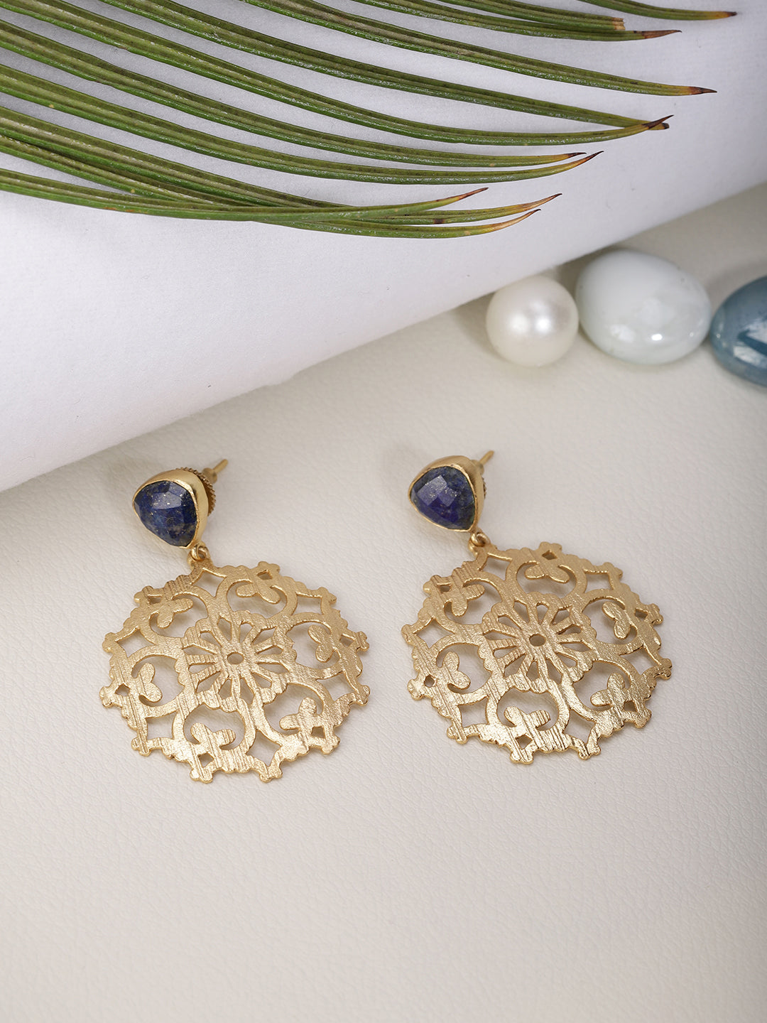 Gold Plated Lapis Carved Drop Danglers