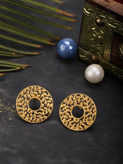 Gold Plated Carved Leaf Disc Earrings