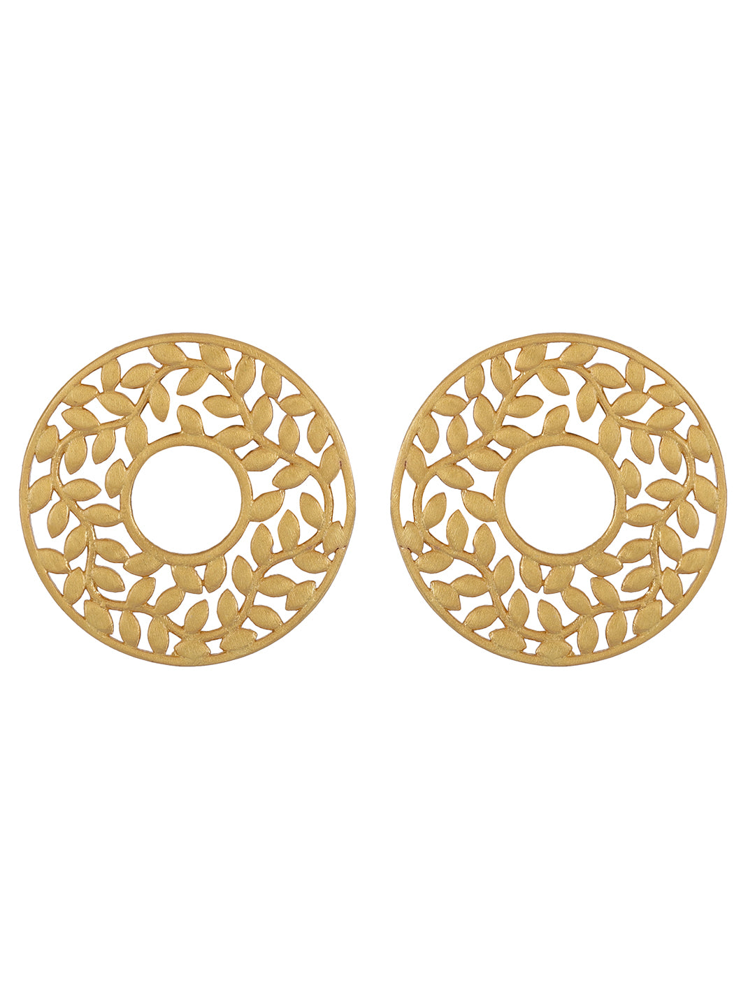 Gold Plated Carved Leaf Disc Earrings