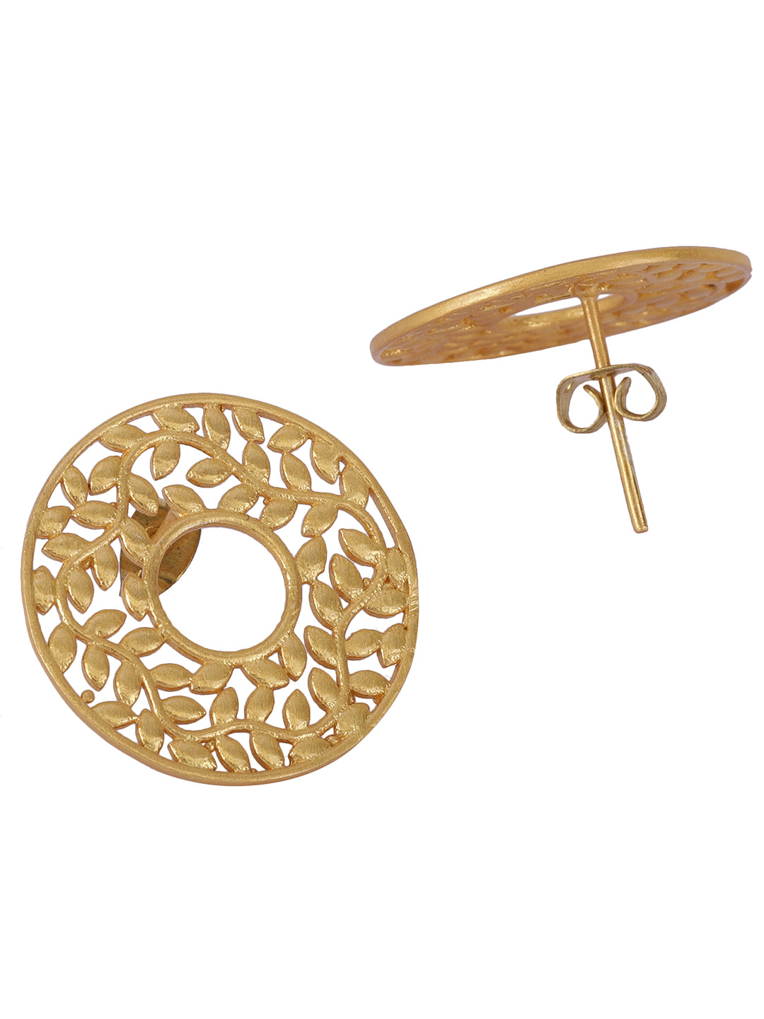 Gold Plated Carved Leaf Disc Earrings