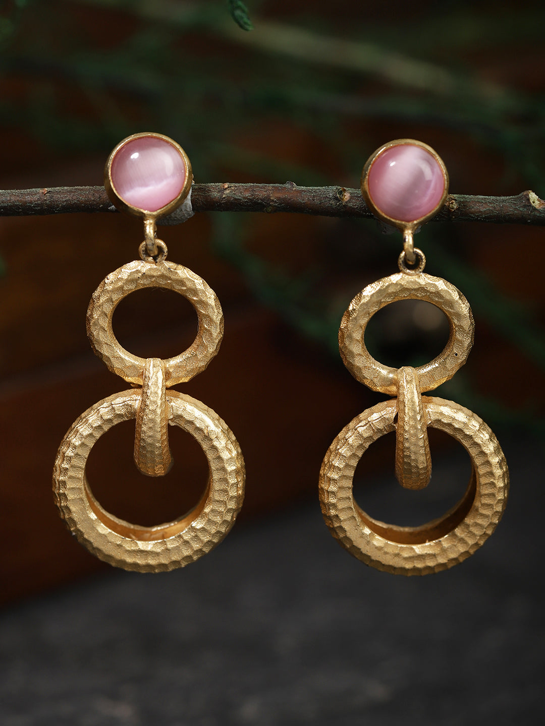 Gold Plated Rose Quartz Double Loop Danglers