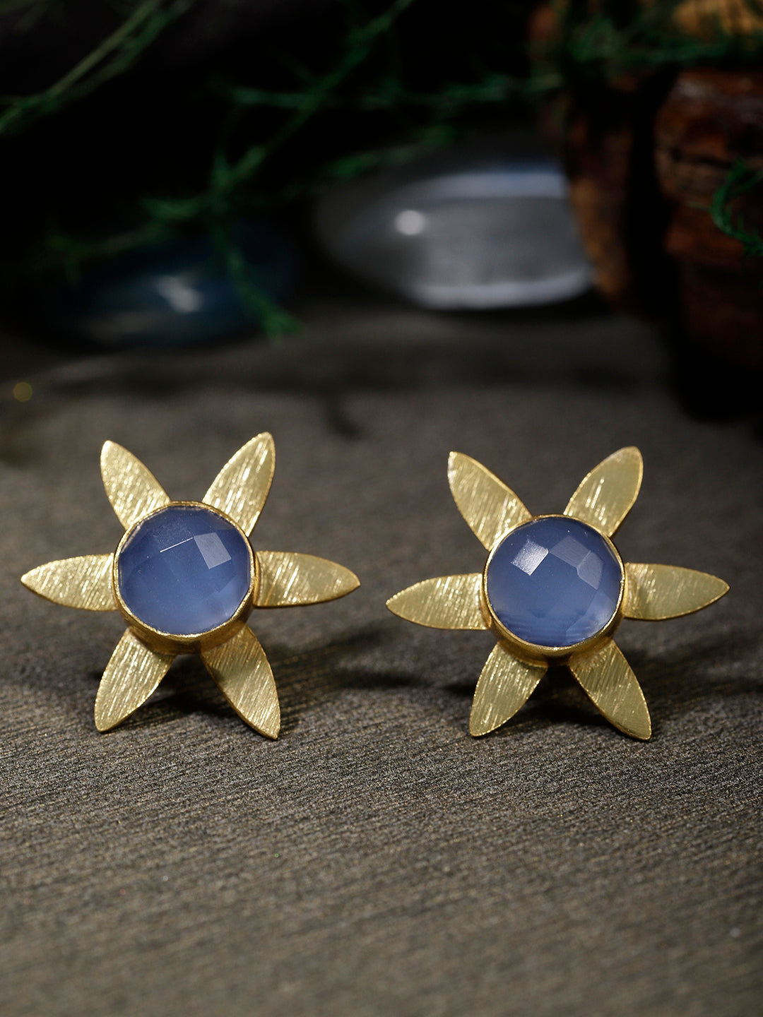 Gold Plated Blue Chalcedony Floral Studs