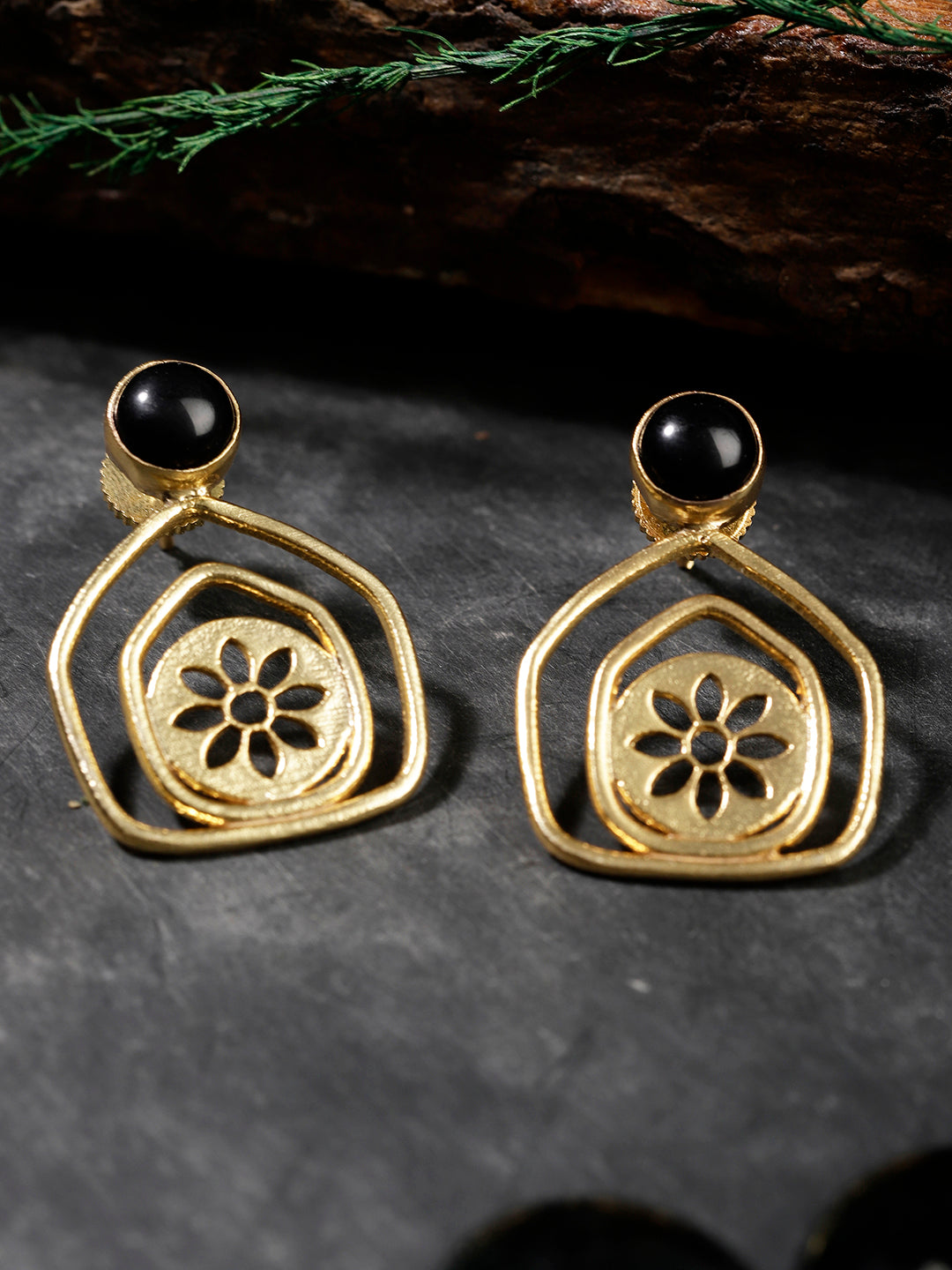 Gold Plated Onyx Pentagon Studs