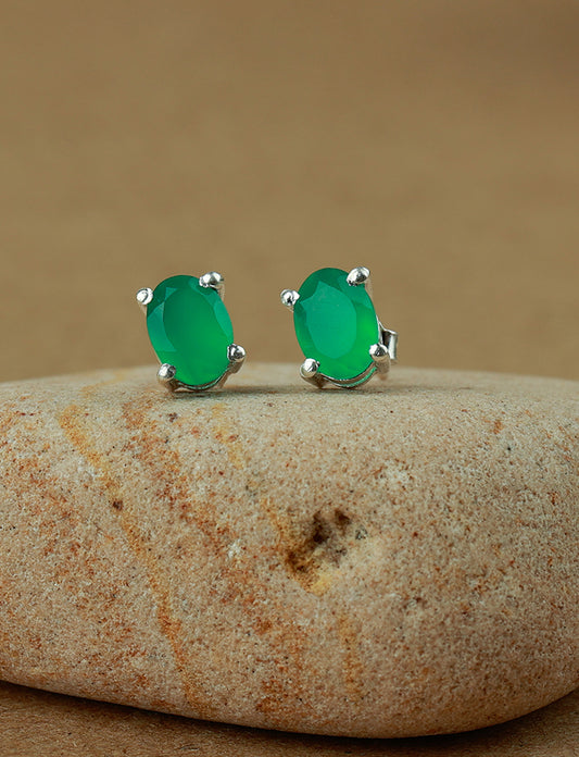 92.5 Silver Green Onyx Cut-Stone Studs