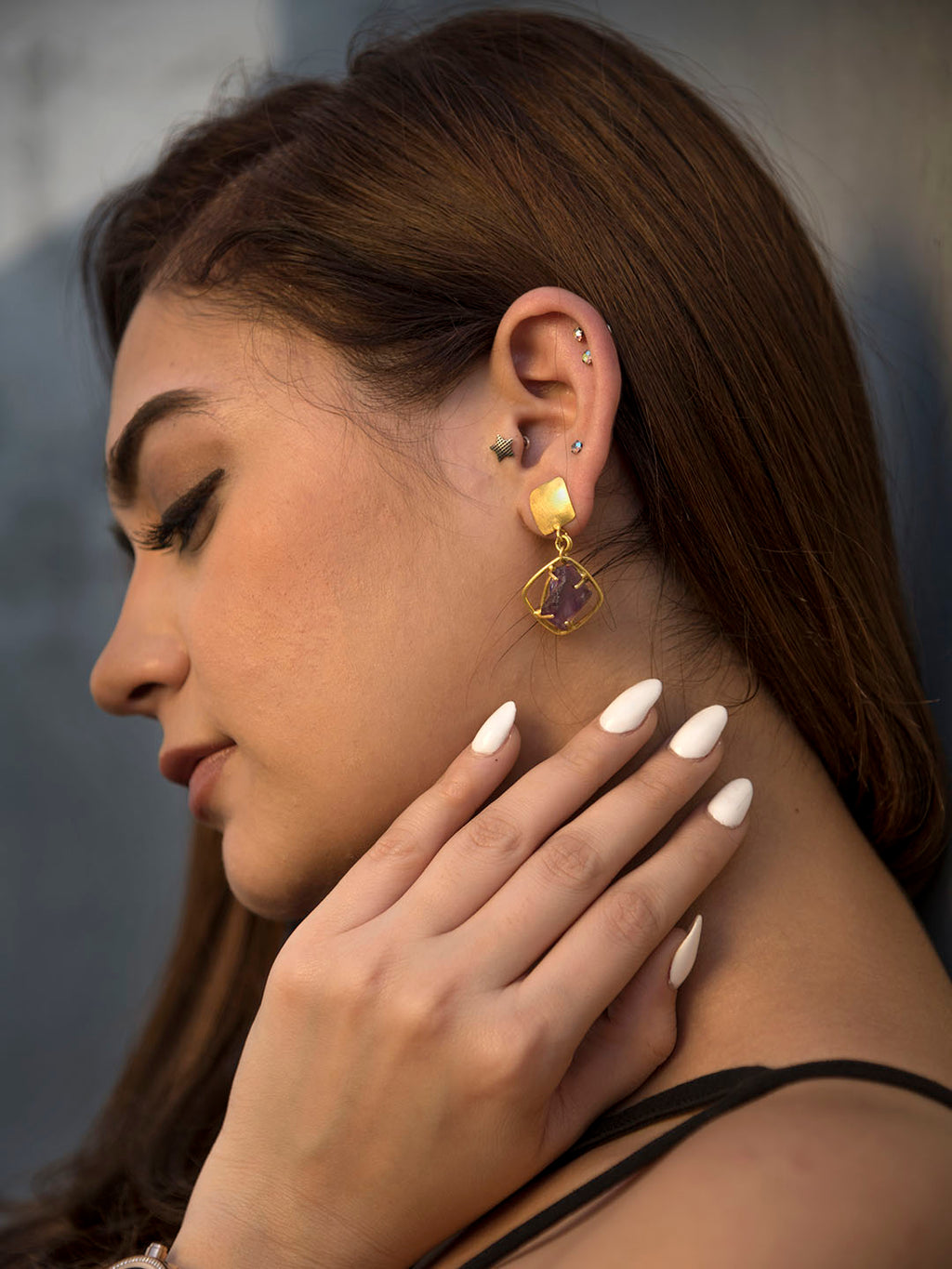 Gold Plated Amethyst Drop Earrings, Earrings - Shopberserk
