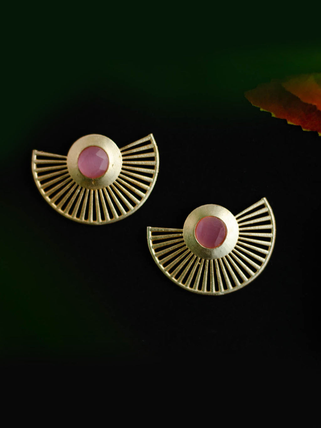 Gold Plated Rose Quartz Fan Earrings, Earrings - Shopberserk