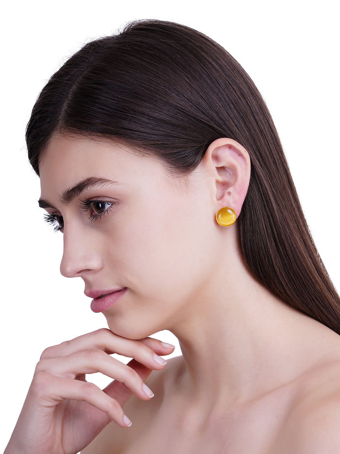 Gold Plated Yellow Onyx Disc Studs, Earrings - Shopberserk