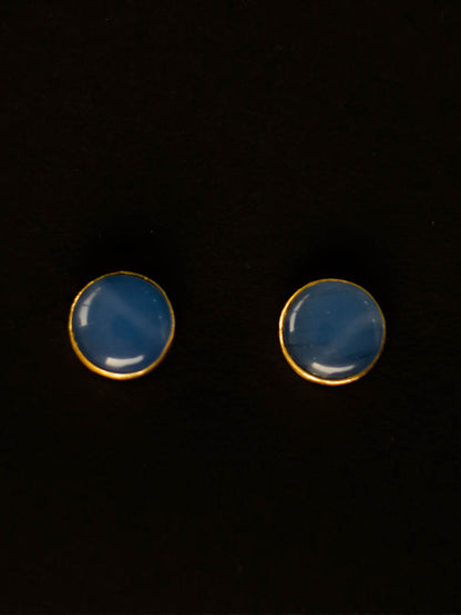 Gold Plated Blue Chalcedony Disc Studs, Earrings - Shopberserk