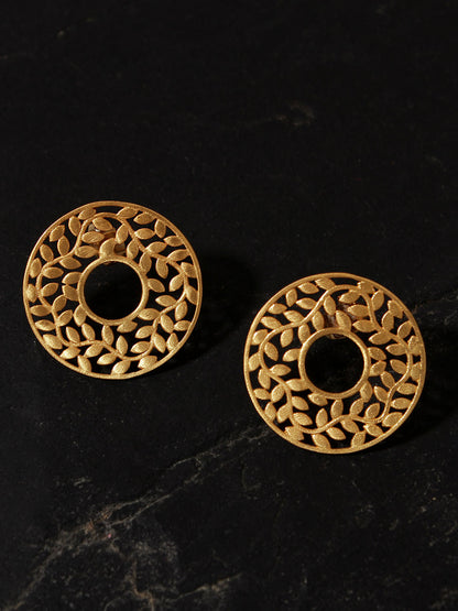Gold Plated Carved Leaf Disc Earrings, Earrings - Shopberserk
