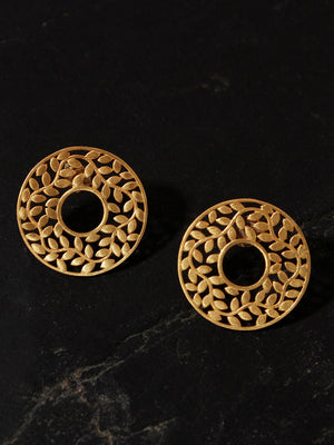Gold Plated Carved Leaf Disc Earrings, Earrings - Shopberserk