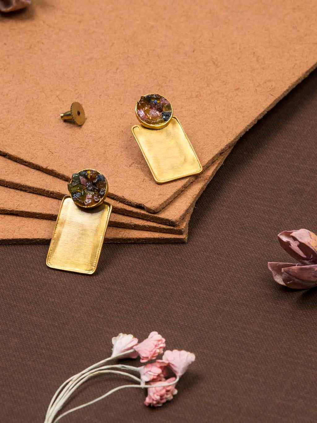 Gold Plated Tourmaline Rectangular Studs, Earrings - Shopberserk