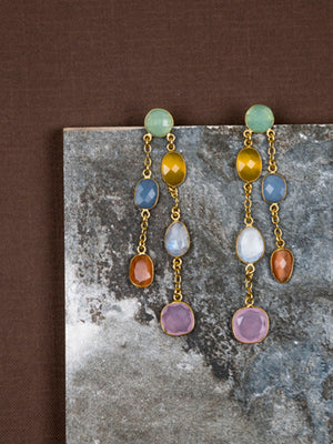 Gold Plated Multi Stone Double String Danglers, Earrings - Shopberserk