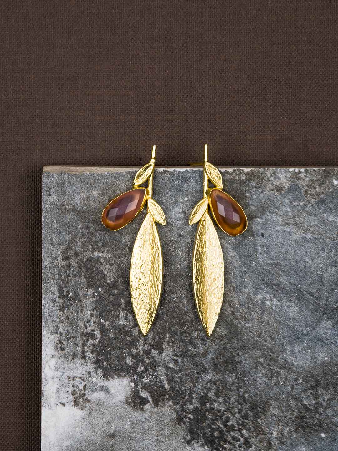 Gold Plated Stone Leaf Studs - Carnelian, Earrings - Shopberserk