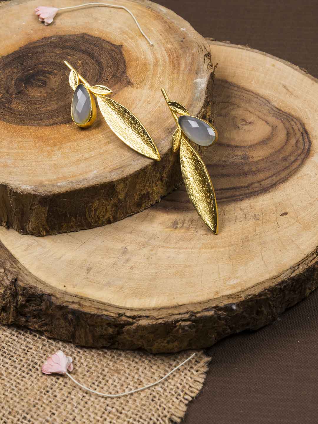 Gold Plated Stone Leaf Studs - Aqua, Earrings - Shopberserk