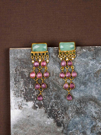 Gold Plated Turquoise Rose Quartz Taeardrop Danglers, Earrings - Shopberserk
