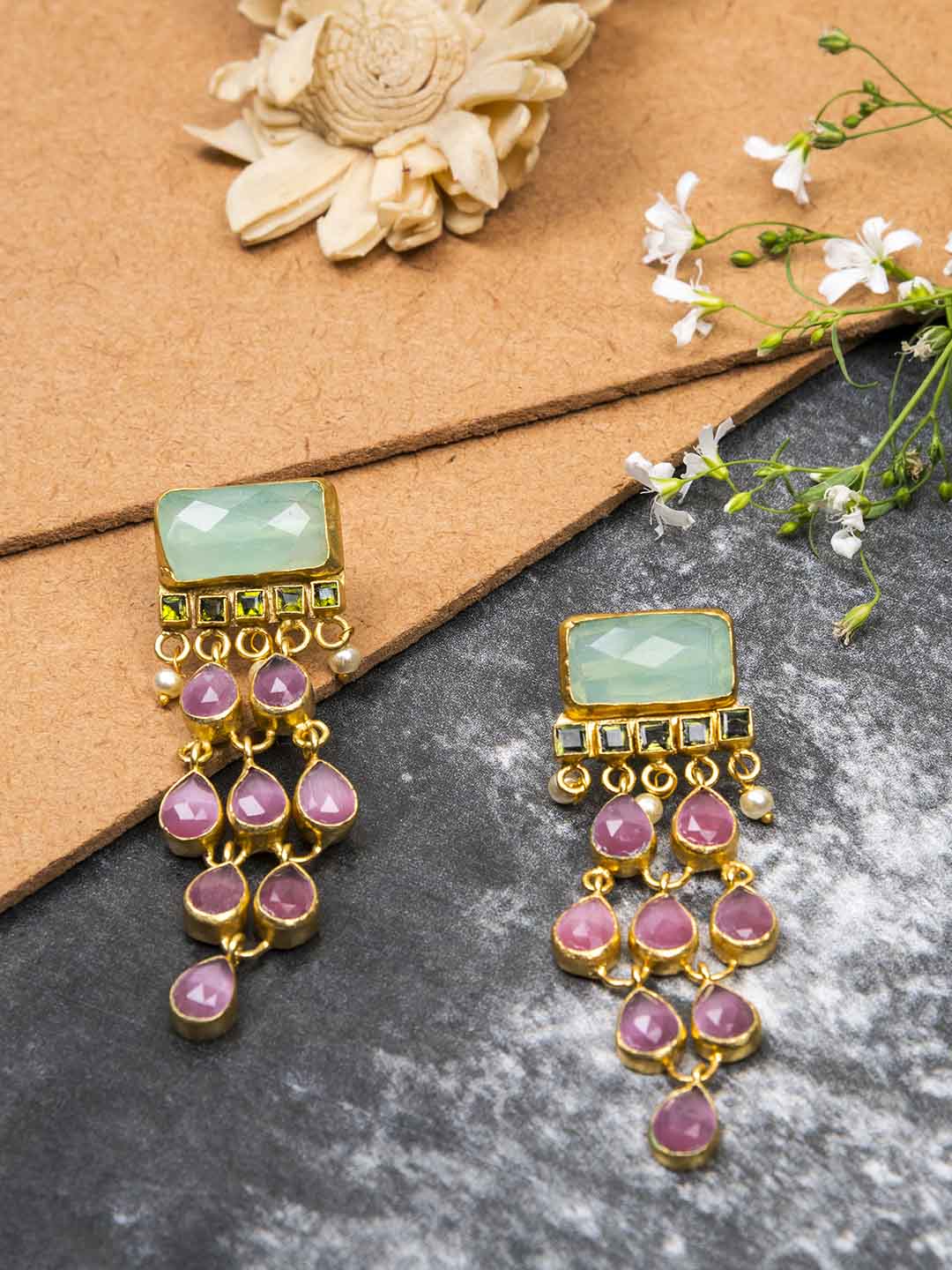 Gold Plated Turquoise Rose Quartz Taeardrop Danglers, Earrings - Shopberserk