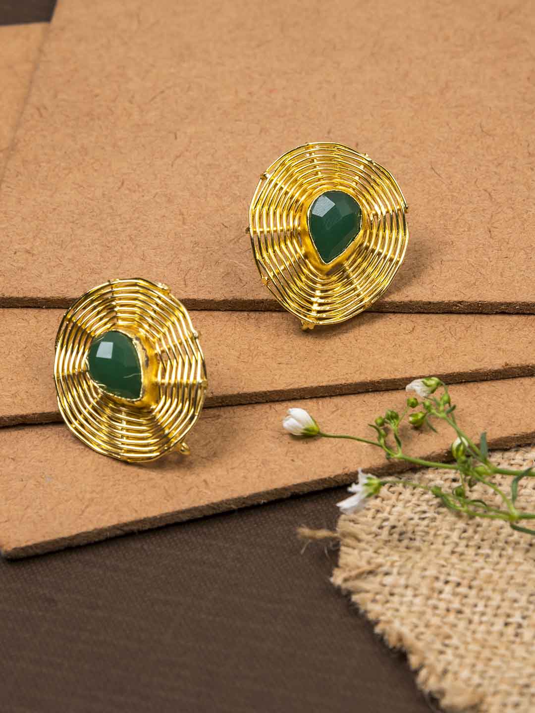 Gold Plated Jade Teardrop Studs, Earrings - Shopberserk