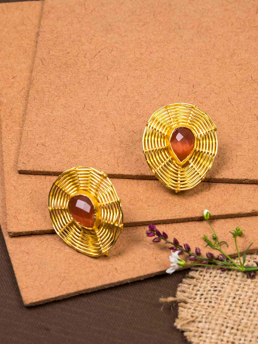 Gold Plated Carnelian Teardrop Studs, Earrings - Shopberserk