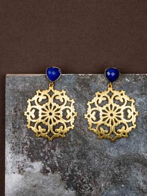 Gold Plated Lapis Carved Drop Danglers, Earrings - Shopberserk