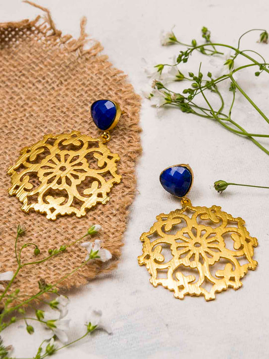 Gold Plated Lapis Carved Drop Danglers, Earrings - Shopberserk