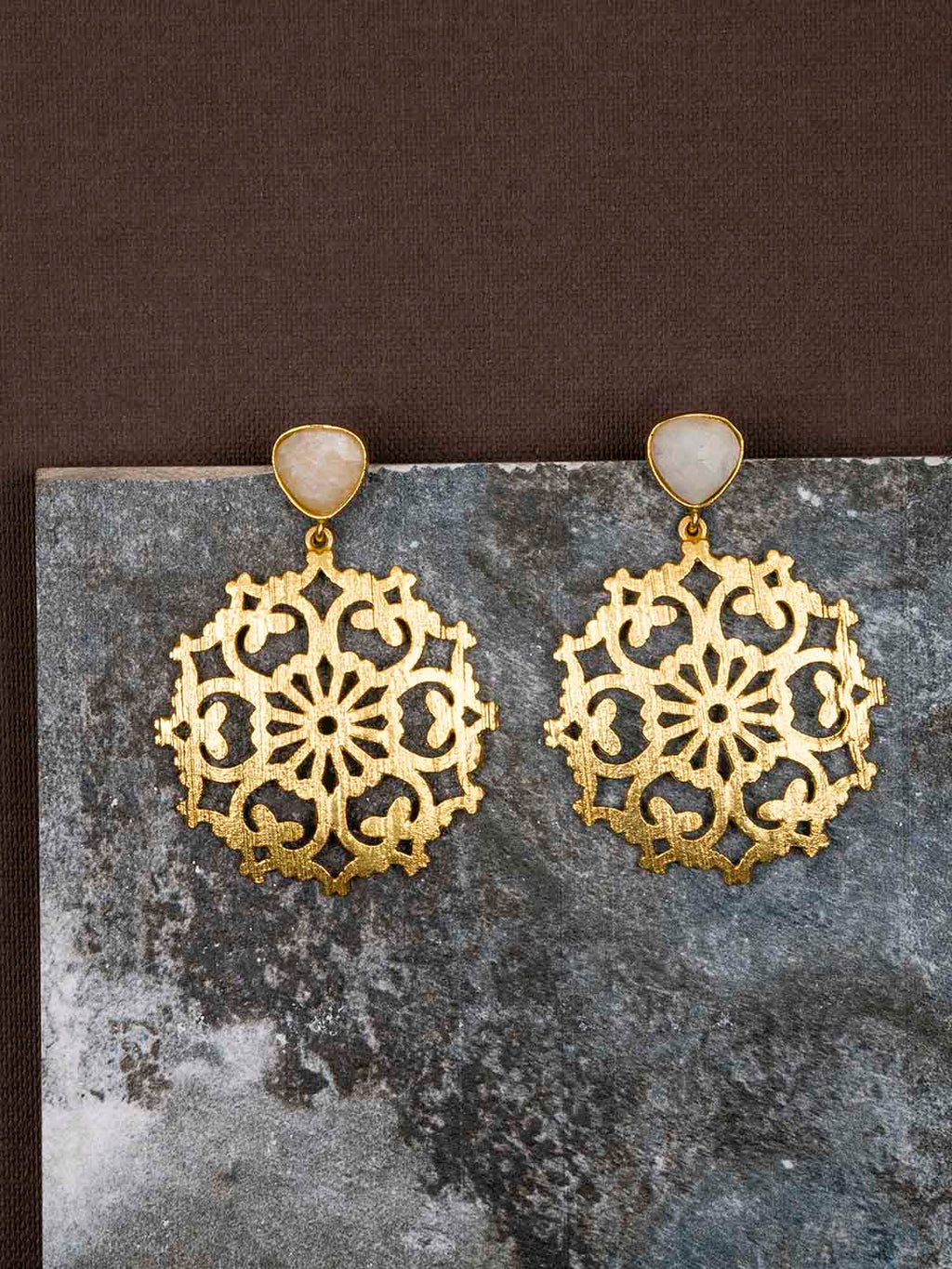Gold Plated Moonstone Carved Drop Danglers, Earrings - Shopberserk
