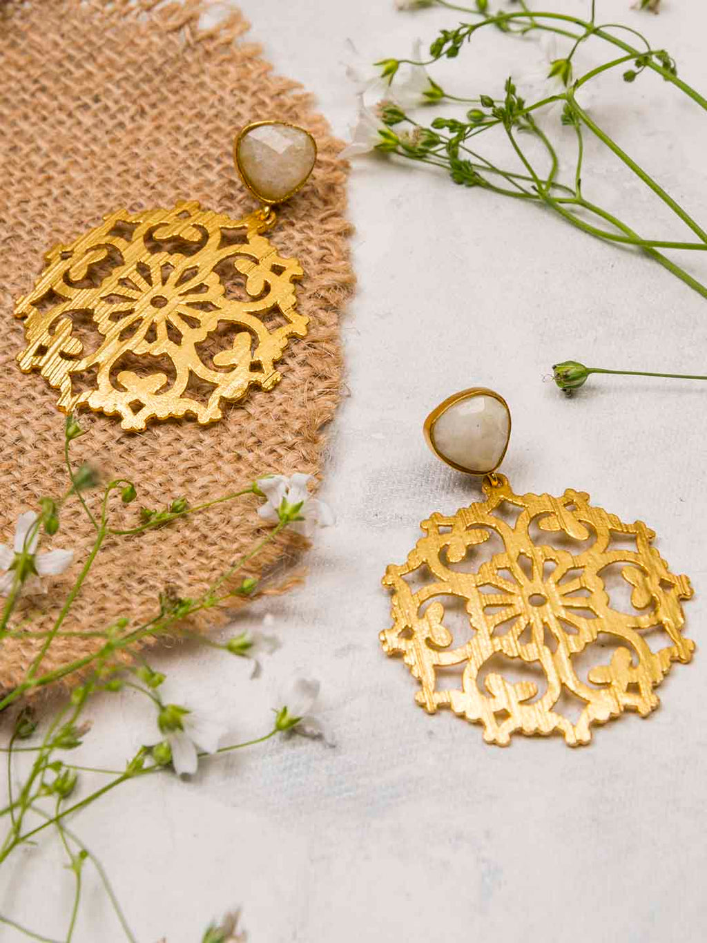 Gold Plated Moonstone Carved Drop Danglers, Earrings - Shopberserk