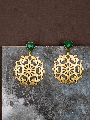 Gold Plated Jade Carved Drop Danglers, Earrings - Shopberserk