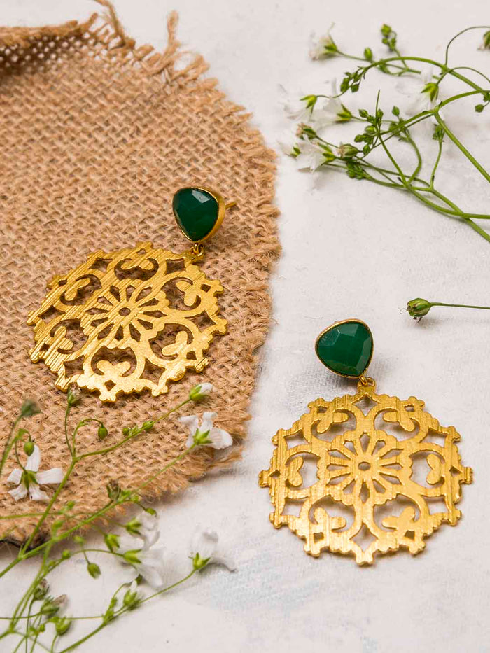 Gold Plated Jade Carved Drop Danglers, Earrings - Shopberserk
