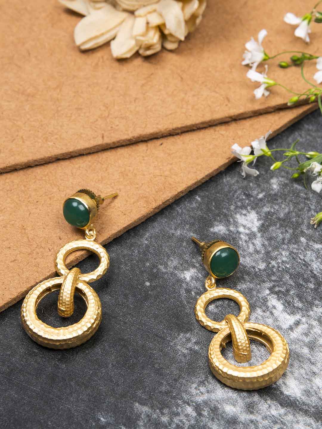 Gold Plated Jade Double Loop Danglers, Earrings - Shopberserk