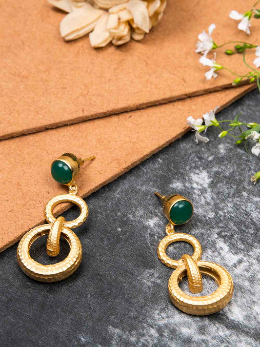 Gold Plated Jade Double Loop Danglers, Earrings - Shopberserk