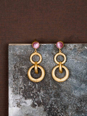 Gold Plated Rose Quartz Double Loop Danglers, Earrings - Shopberserk