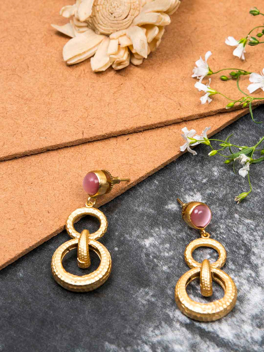Gold Plated Rose Quartz Double Loop Danglers, Earrings - Shopberserk