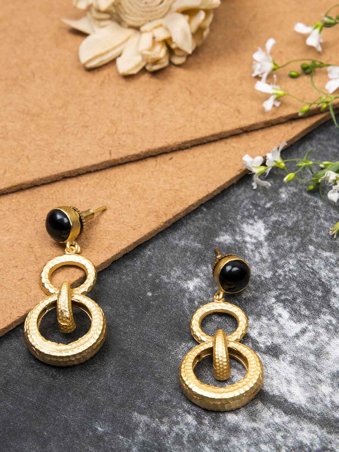 Gold Plated Onyx Double Loop Danglers, Earrings - Shopberserk