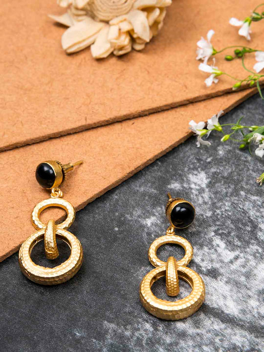 Gold Plated Onyx Double Loop Danglers, Earrings - Shopberserk