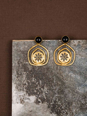 Gold Plated Onyx Pentagon Studs, Earrings - Shopberserk