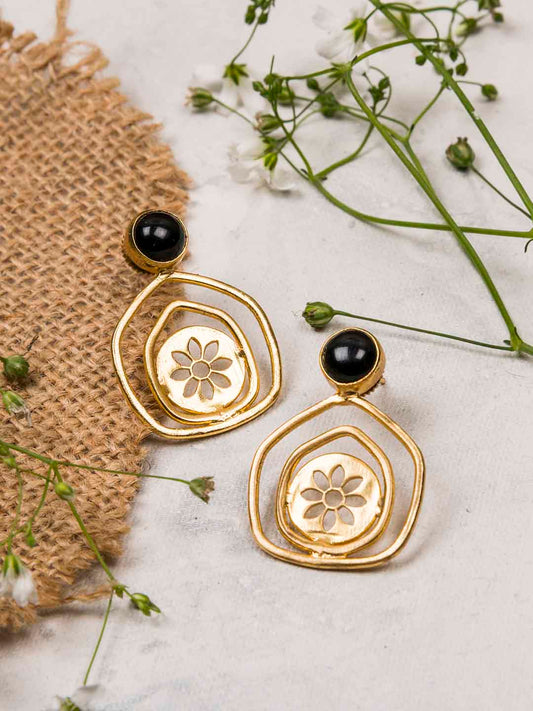 Gold Plated Onyx Pentagon Studs, Earrings - Shopberserk