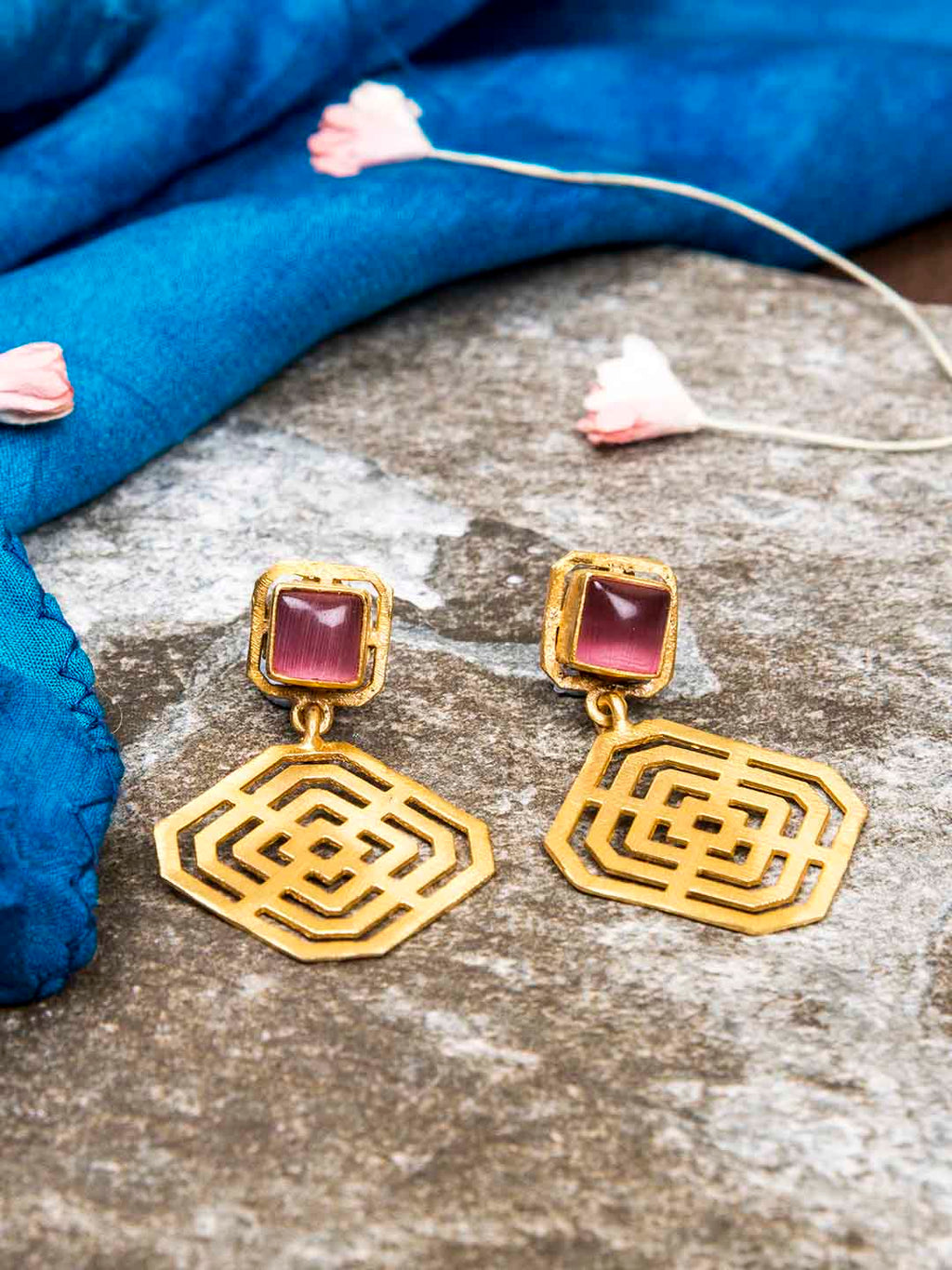 Gold Plated Rose Quartz Rhombus Studs, Earrings - Shopberserk
