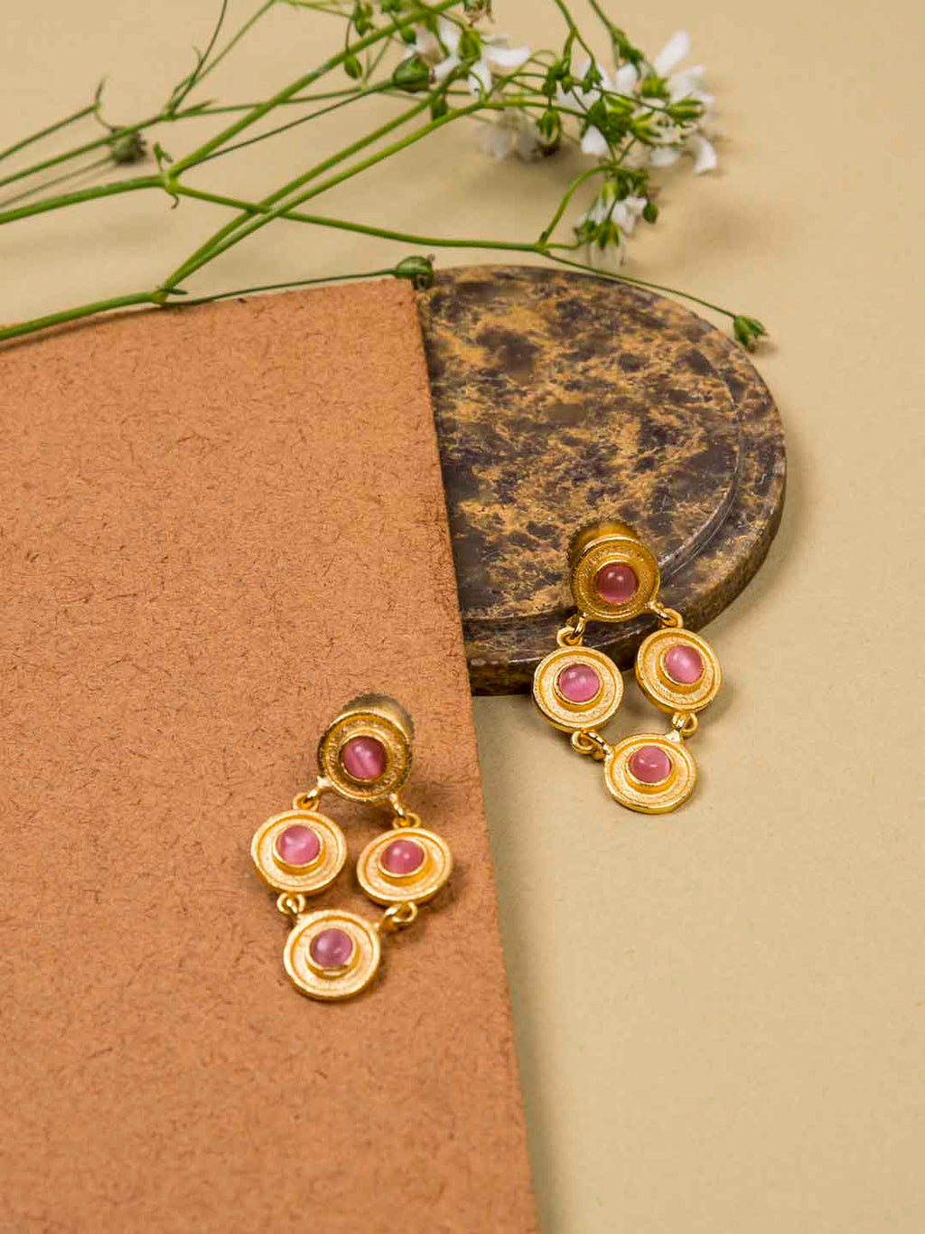 Gold Plated Rhombus Rose Quartz Studs, Earrings - Shopberserk
