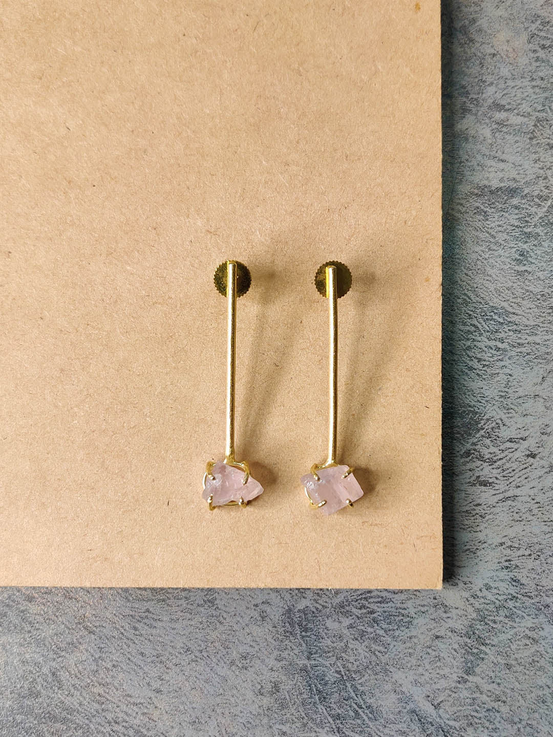 Gold Plated Rose Quartz Stick Studs, Earrings - Shopberserk