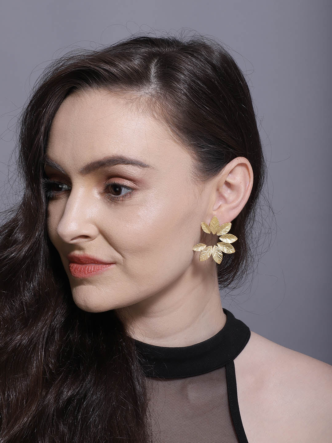 Gold Plated Floral Arc Studs, Earrings - Shopberserk