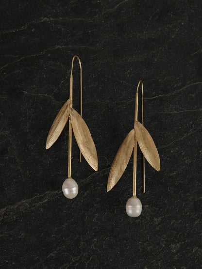 Gold Plated Leaf Pearl Drop Danglers, Earrings - Shopberserk