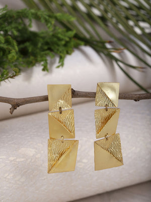 Gold Plated Textured Block Drop Earrings, Earrings - Shopberserk