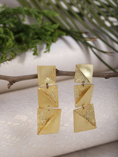 Gold Plated Textured Block Drop Earrings