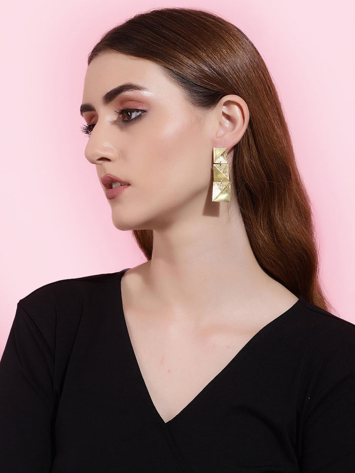 Gold Plated Textured Block Drop Earrings, Earrings - Shopberserk