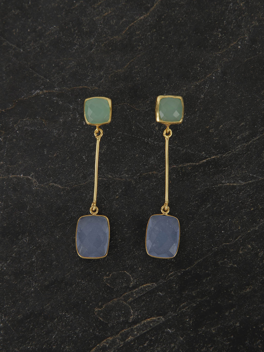 Gold Plated Multistone Drop Danglers - Lime, Blue Chalcedony, Earrings - Shopberserk