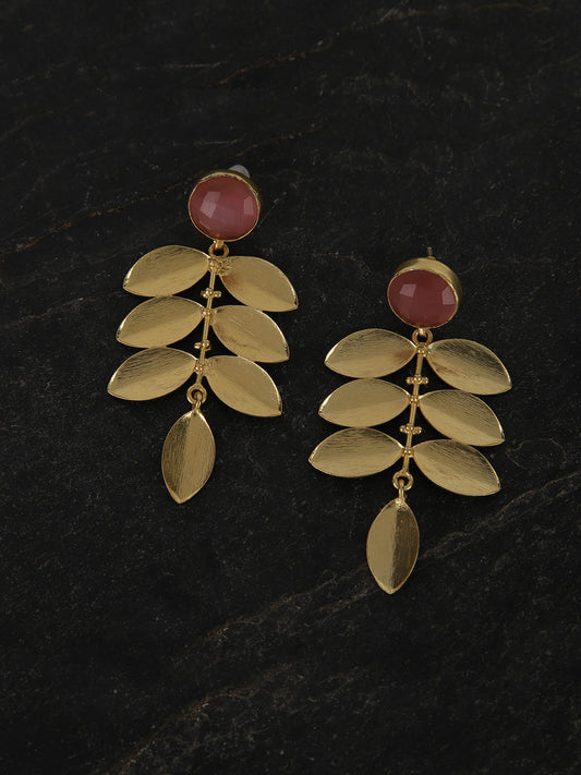 Gold Plated Dark Pink Drop Danglers, Earrings - Shopberserk