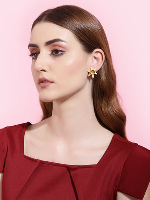 Gold Plated Yellow Onyx Floral Studs, Earrings - Shopberserk